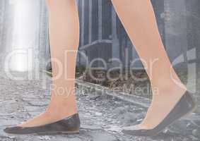 Womans legs Walking on path in city