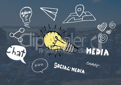 Colourful lightbulb with social media drawings graphics