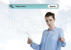 Woman pointing at air with glass tablet and Search Bar with bright background