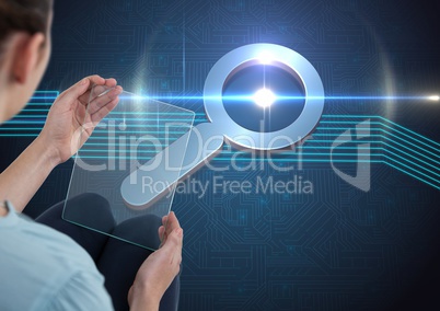 Search magnifying glass with woman holding glass tablet