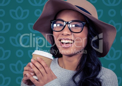 Woman in sun hat with coffee against blue floral pattern
