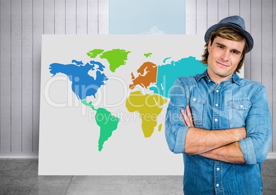 Man with arms folded in front of Colorful Map with city background with room and sky background