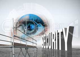 Security Text with 3D Scaffolding and eye technology interface