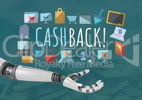 Android hand open and Cashback text with drawings graphics