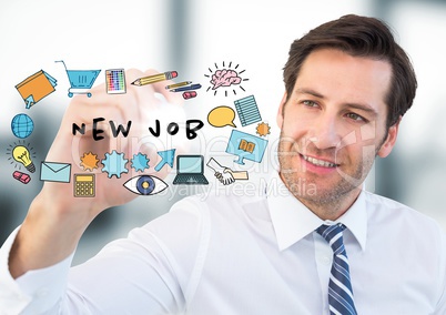 Business man with marker behind job doodles and flare in blurry grey office