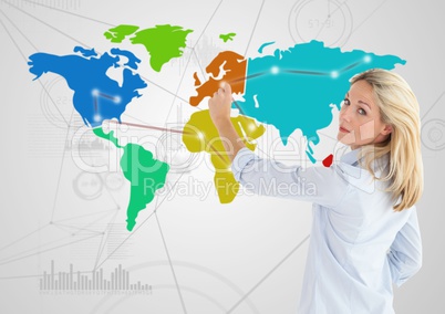 Businesswoman drawing on Colorful Map with Connector background
