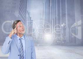 Businessman thinking in front of city street