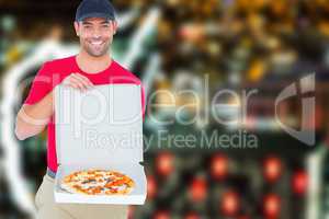 Composite image of smiling man with pizza