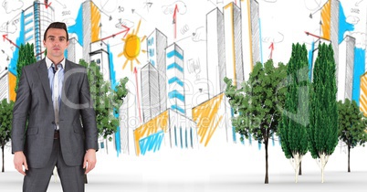 Digitally generated image of businessman with trees and buildings in background