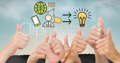 Business graphics over hands gesturing thumbs up