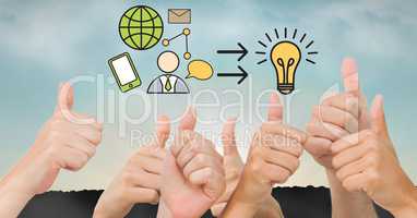 Business graphics over hands gesturing thumbs up
