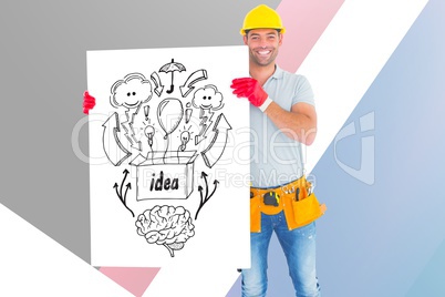 Portrait of architect holding billboard with various icons against colored background