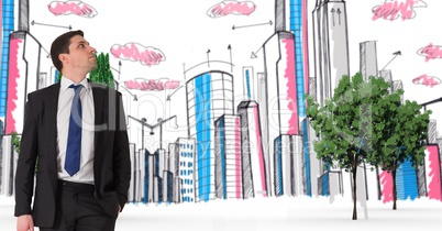 Digital composite image of businessman with buildings and trees in background