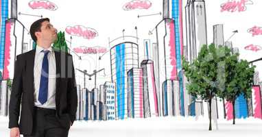 Digital composite image of businessman with buildings and trees in background