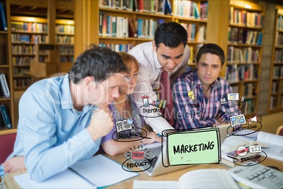 Digital composite image of business people using laptop at desk with marketing chart in office