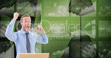Digital composite image of happy businessman with tech graphics in background