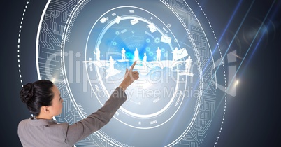 Digital composite image of businesswoman touching futuristic screen interfaces _touchscreen models 5