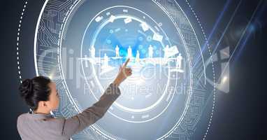 Digital composite image of businesswoman touching futuristic screen interfaces _touchscreen models 5