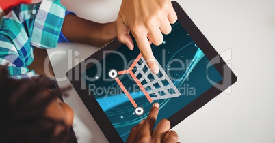 Hands touching shopping cart icons on tablet computer