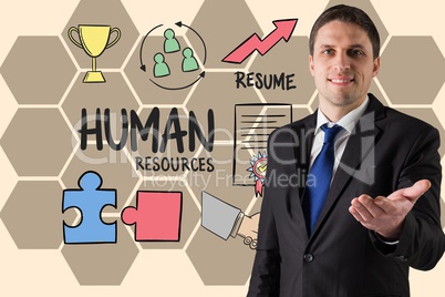 Businessman gesturing by human resource text and icons