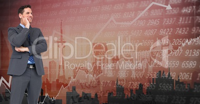 Digital composite image of businessman against graphic background