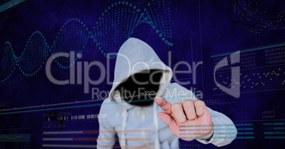 Digital composite image of hacker touching screen