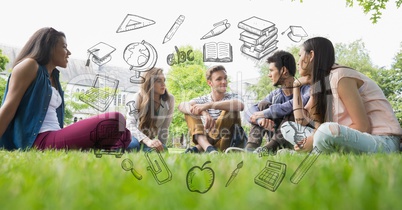 Male and female students sitting on grass with educational graphics