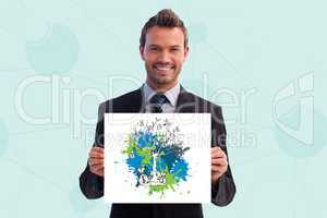 confident businessman showing dollars and tree drawn on placard