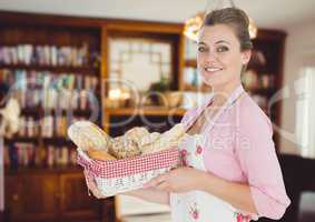 cook woman with bread bask in the living room