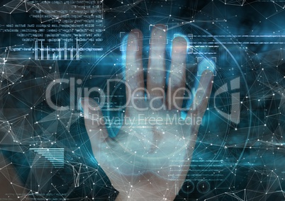 woman putting her hand on hand scan. Blue and with connections