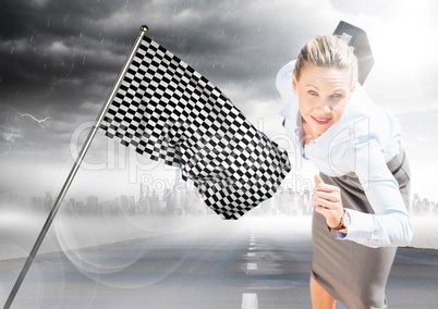 Business woman running with briefcase on road with skyline, storm and checkered flag