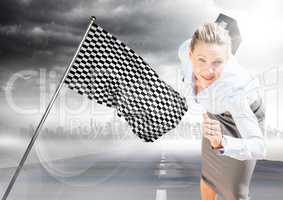 Business woman running with briefcase on road with skyline, storm and checkered flag