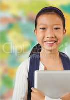 Girl with tablet against blurry map