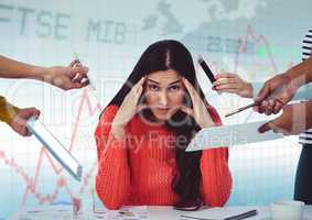 Hands with devices surrounding stressed woman against blue graph