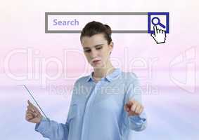 Woman touching air and holding glass tablet with search bar bright background