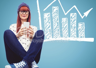 Woman with phone and legs crossed against blue background with white graph