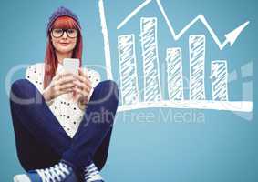 Woman with phone and legs crossed against blue background with white graph