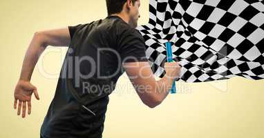 Relay runner against yellow background and checkered flag