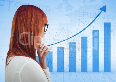 Back of woman thinking against blue graph