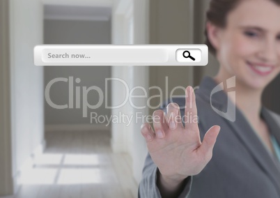 Woman touching Search Bar with hall background