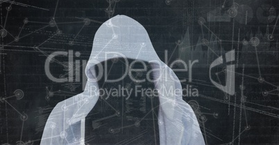 Digital composite image of hacker on screen