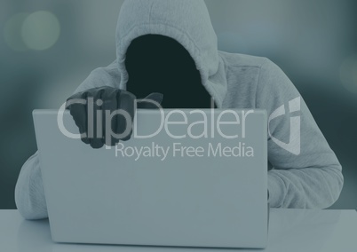 Light grey jumper hacker with out face doing something on the computer