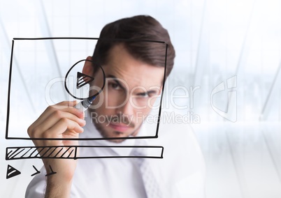 Business man with pen and website mock up against blurry window