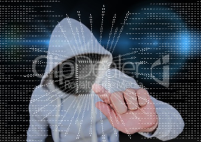 Grey jumper hacker with out face blue blurred background and binary code with square.