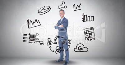 Digital composite image of businessman amidst various icons against gray background