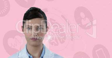 Digital composite image of female doctor by DNA structure against brain icons in background