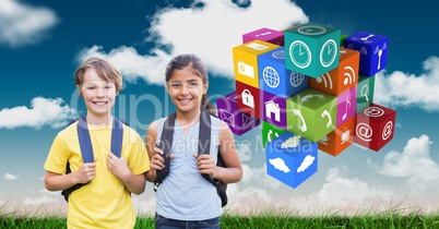 Schoolchildren with backpacks by app icons