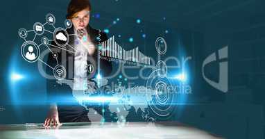 Digital composite image of businesswoman working on virtual screen