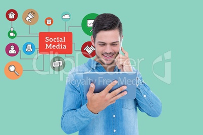 Digital composite image of man using smart phone and tablet PC by social media graphics