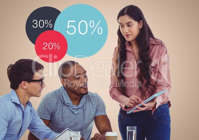 Meeting with tablet against colourful statistics and cream background